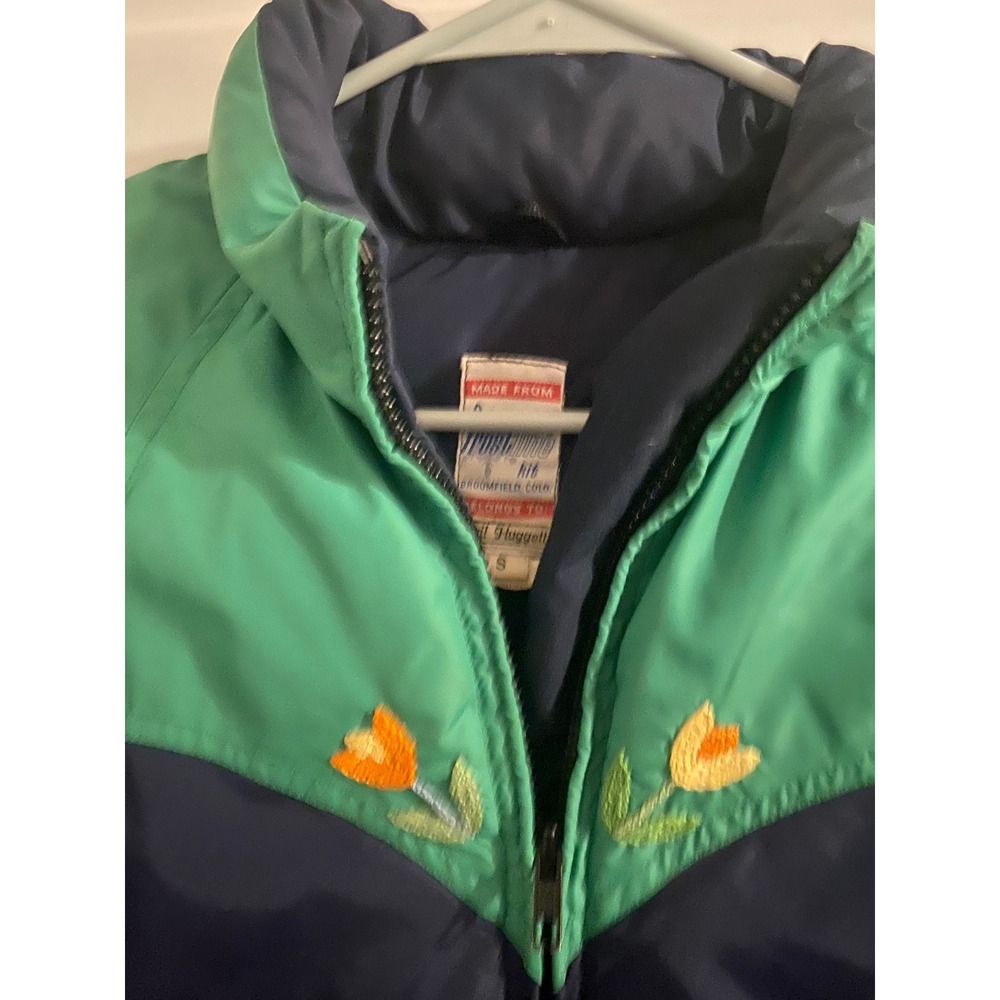Vintage Frostline Kit Down Puffer Jacket Embroidered Floral Boho Size Small Blue - Picture 7 of 10
